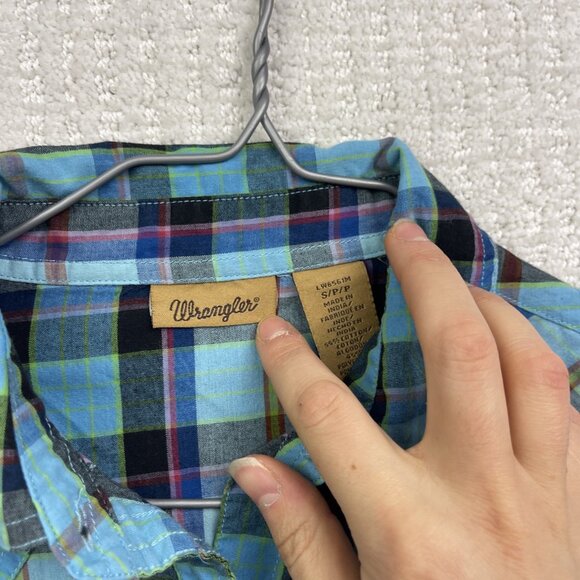 Wrangler Shirt Womens S Blue Plaid Retro Western Pearl Snap Long Sleeve Boho - Picture 6 of 13